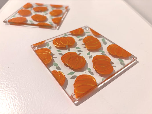 Hand-Painted Pumpkin Glass Coasters: Fall Table Decor (Set of Two)
